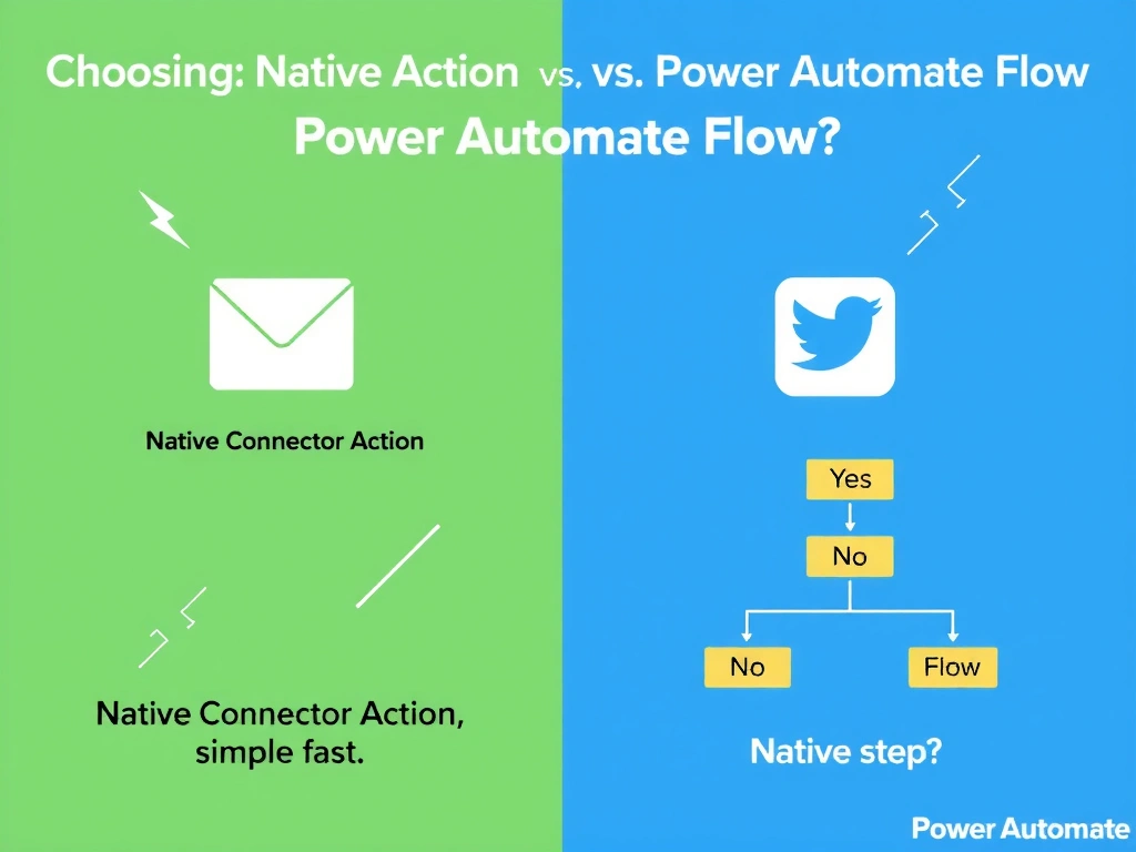 Portrait infographic titled 'Choosing: Native Action vs Power Automate Flow'. Two columns: Left — Native Connector Action: single step (send email), simple, fast. Right — Power Automate Flow: multi-step (query DB → format message → send email), complex logic, multiple connectors. Decision tree: Is it multi-step? Yes → Flow. No → Native action. Icons: lightning bolt for native, flow diagram for Power Automate. Green/blue split design.