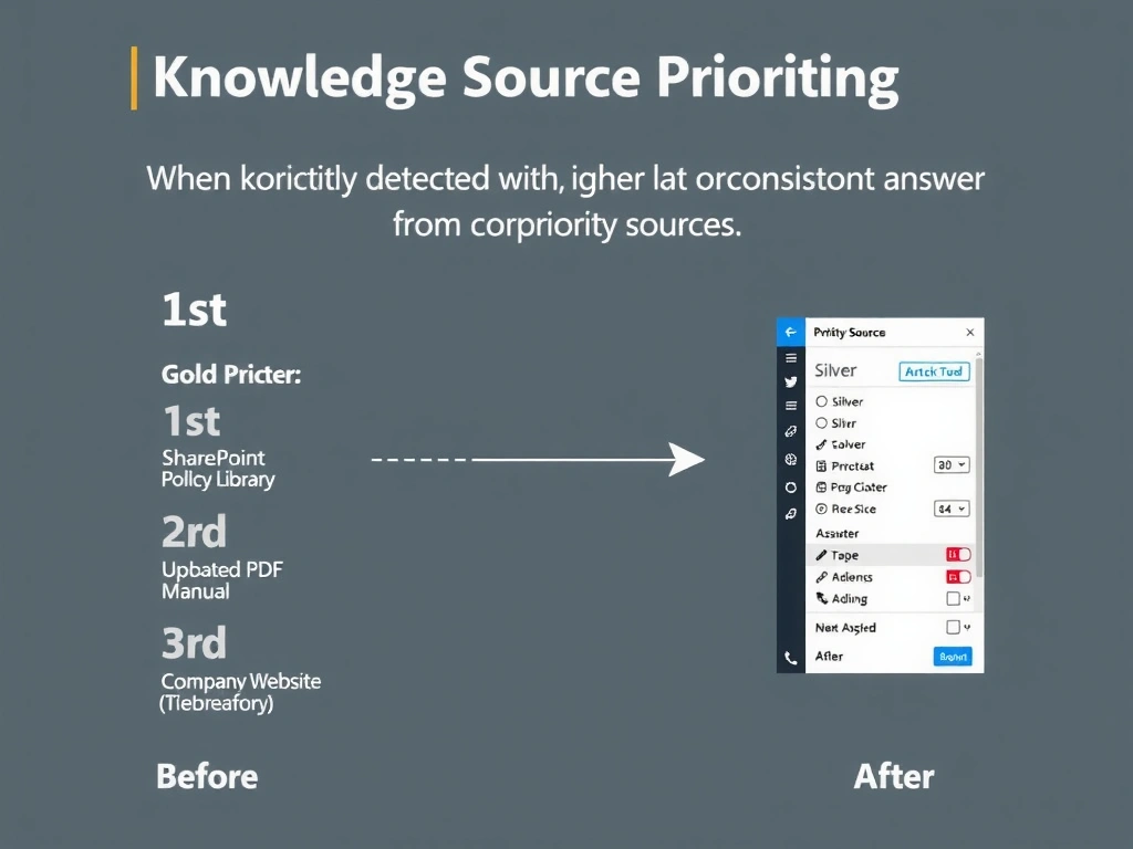 Portrait infographic titled 'Knowledge Source Priority Ordering'. Vertical priority list: 1st (gold star) SharePoint Policy Library, 2nd (silver) Uploaded PDF Manual, 3rd (bronze) Company Website. When contradiction detected: higher priority source wins (illustrated with tiebreaker arrow). Below: before (contradictory answer) vs after (consistent answer from priority source). Copilot Studio knowledge settings panel mockup on right. Clean ranking/priority visual design.