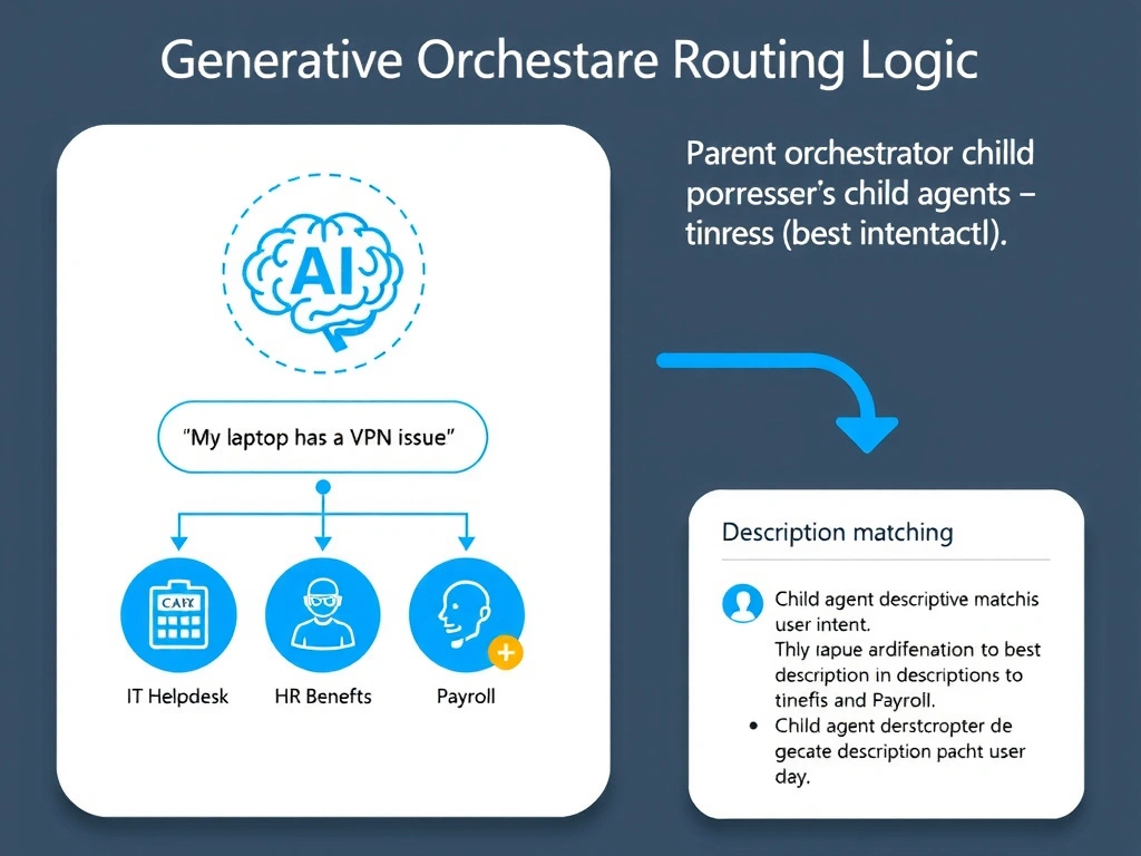 Portrait infographic titled 'Generative Orchestration Routing Logic'. User message: 'My laptop has a VPN issue' → Parent orchestrator (brain icon with AI label) evaluates intent. Three child agents shown: IT Helpdesk (✓ selected, VPN topics), HR Benefits, Payroll. Arrow from orchestrator to IT Helpdesk (best intent match). Right: description matching illustration — child agent description matches user intent. Microsoft blue AI-themed design.