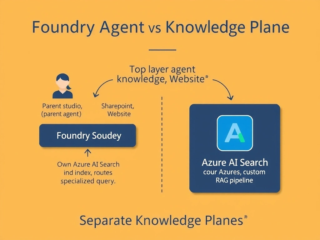 Portrait infographic titled 'Foundry Agent Knowledge Plane vs Copilot Studio'. Two-layer architecture: Top layer — Copilot Studio (parent agent, knowledge sources: SharePoint, Website). Bottom layer — Azure AI Foundry agent (own Azure AI Search index, custom RAG pipeline). Arrow from Copilot Studio to Foundry labeled 'routes specialized query'. Azure AI Search icon inside Foundry layer with search execution animation. Clear separation line between layers labeled 'Separate Knowledge Planes'.