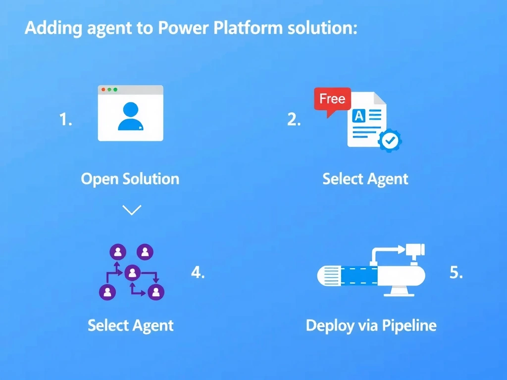 Portrait infographic titled 'Adding an Agent to a Power Platform Solution'. Steps: 1) Open Solution in maker portal (solution icon). 2) Click 'Add existing' > Chatbot/Agent. 3) Select agent from environment list. 4) Agent appears as solution component (checkmark). Right: solution manifest showing agent icon alongside other components (flows, tables, connectors). Bottom: solution export → pipeline deployment. Clean step-diagram design, Power Platform purple/blue palette.