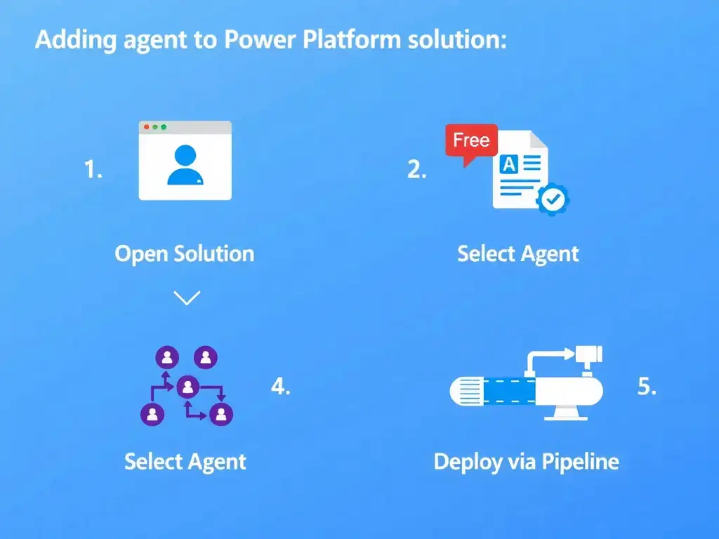 Portrait infographic titled 'Adding an Agent to a Power Platform Solution'. Steps: 1) Open Solution in maker portal (solution icon). 2) Click 'Add existing' > Chatbot/Agent. 3) Select agent from environment list. 4) Agent appears as solution component (checkmark). Right: solution manifest showing agent icon alongside other components (flows, tables, connectors). Bottom: solution export → pipeline deployment. Clean step-diagram design, Power Platform purple/blue palette.
