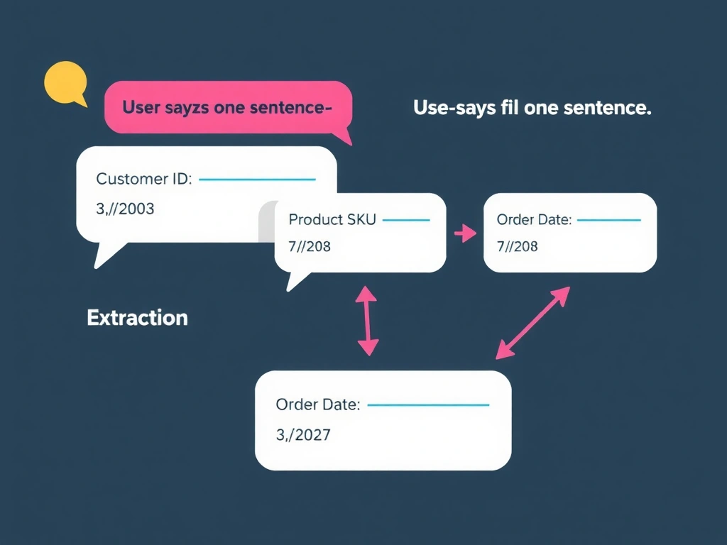 Portrait infographic titled 'Slot Filling in Copilot Studio Topics'. Top: user message 'Check order 12345 for SKU-ABC on Jan 15'. NLU extraction arrows point to three slots: Customer ID: 12345 (filled), Product SKU: ABC (filled), Order Date: Jan 15 (filled). All slots filled simultaneously = action executes immediately. Contrast: without slot filling = 3 separate question-answer turns. Bottom: entity types list (Number, Date, Text). Clean extraction arrow diagram.