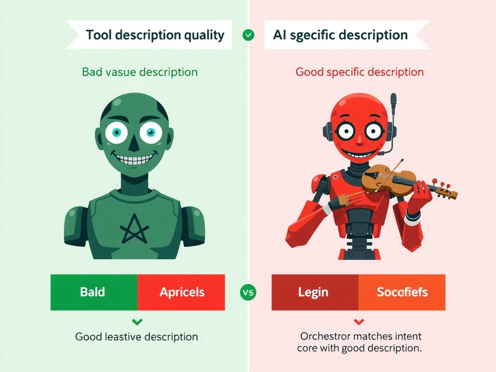 Portrait infographic titled 'Tool Description Quality for Generative Orchestration'. Left: BAD description — 'Retrieves information' (vague, red X). Orchestrator confused, tool not invoked. Right: GOOD description — 'Returns current account balance, available credit, and last payment date for a customer account. Use when the user asks about their balance or account status.' (specific, green check). Orchestrator matches intent, tool invoked. Center: AI orchestrator brain icon. Contrast comparison design.