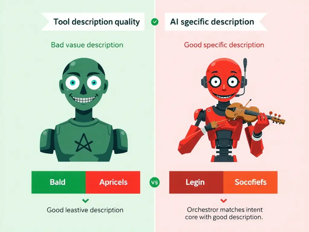 Portrait infographic titled 'Tool Description Quality for Generative Orchestration'. Left: BAD description — 'Retrieves information' (vague, red X). Orchestrator confused, tool not invoked. Right: GOOD description — 'Returns current account balance, available credit, and last payment date for a customer account. Use when the user asks about their balance or account status.' (specific, green check). Orchestrator matches intent, tool invoked. Center: AI orchestrator brain icon. Contrast comparison design.