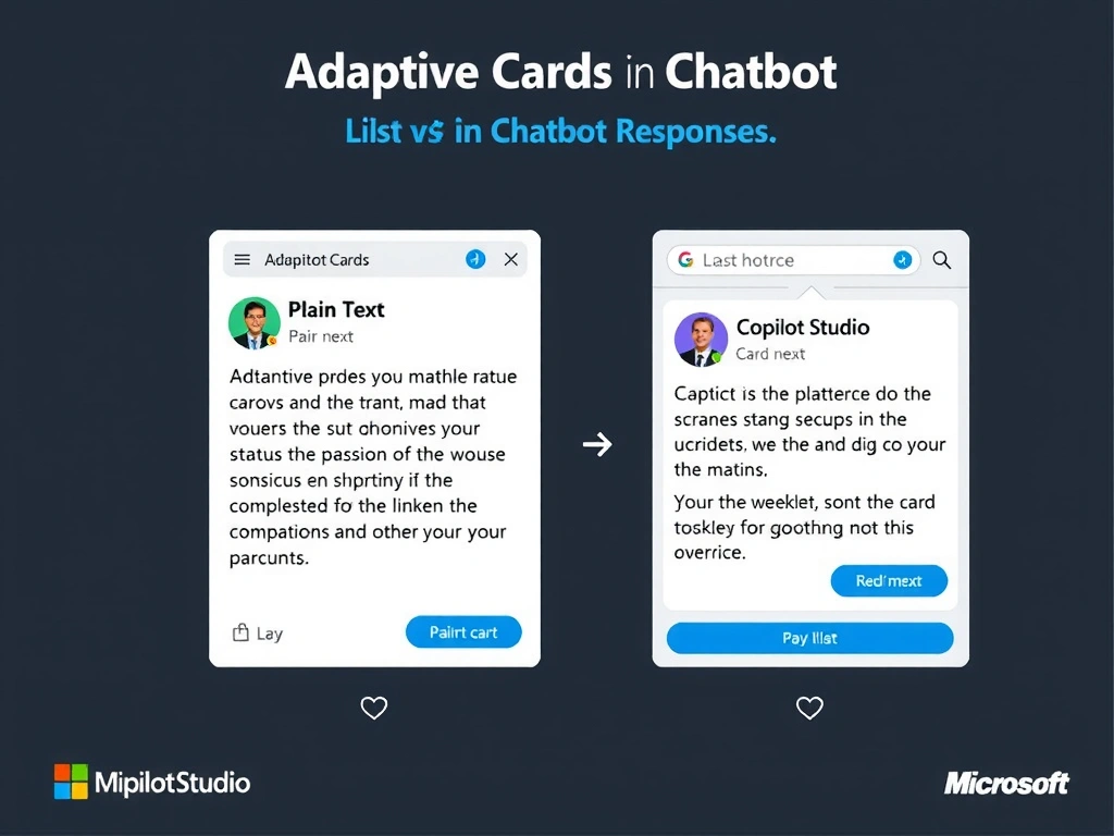 Portrait infographic titled 'Adaptive Cards for Rich Agent Responses'. Left: plain text list of IT tickets (boring). Right: IT ticket rendered as Adaptive Card showing — title field, colored status badge (Open/In Progress/Closed), View Ticket button. Center: Adaptive Card editor with variable bindings (ticket.title, ticket.status, ticket.url). Channels supported: Teams, Web Chat icons. Before/after comparison. Microsoft card format visual style.