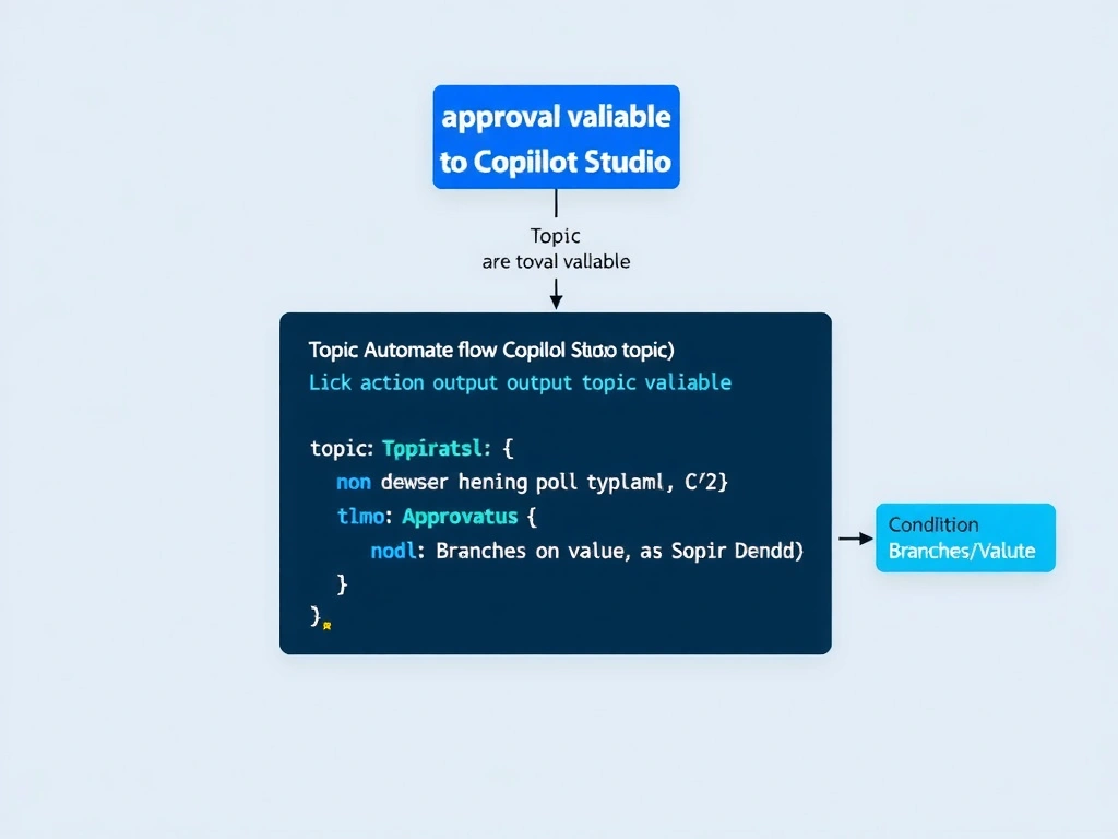 Portrait infographic titled 'Flow Output to Topic Variable'. Left: Power Automate flow ending with 'Respond to Copilot' action defining output: approvalStatus (string). Arrow to Copilot Studio canvas. Center: flow action node in topic with output binding panel showing approvalStatus → topic variable. Right: condition node branching on approvalStatus = 'Approved' vs 'Rejected'. Step-numbered flow from left to right. Power Automate orange + Copilot Studio blue color scheme.