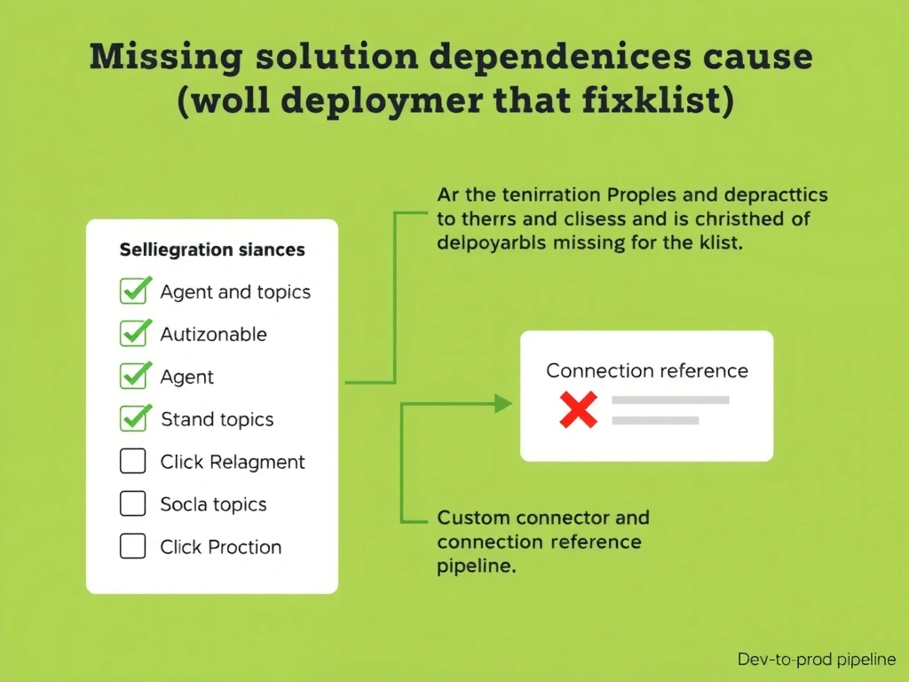 Portrait infographic titled 'Solution Dependency Checklist for Agent Deployment'. Checklist: Agent definition (checked), Topics (checked), Environment variables (checked), Custom connector (RED X — missing!), Connection reference (RED X — missing!). Below: result — agent deployed but connector fails. Fix: Add custom connector + connection reference to solution. Solution checker tool icon. Dev → Test → Prod pipeline diagram with missing pieces highlighted. Warning red/yellow color scheme.
