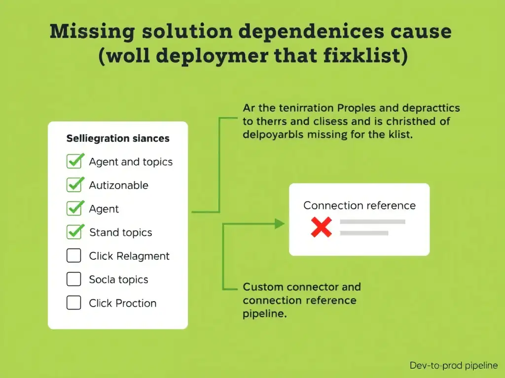 Portrait infographic titled 'Solution Dependency Checklist for Agent Deployment'. Checklist: Agent definition (checked), Topics (checked), Environment variables (checked), Custom connector (RED X — missing!), Connection reference (RED X — missing!). Below: result — agent deployed but connector fails. Fix: Add custom connector + connection reference to solution. Solution checker tool icon. Dev → Test → Prod pipeline diagram with missing pieces highlighted. Warning red/yellow color scheme.