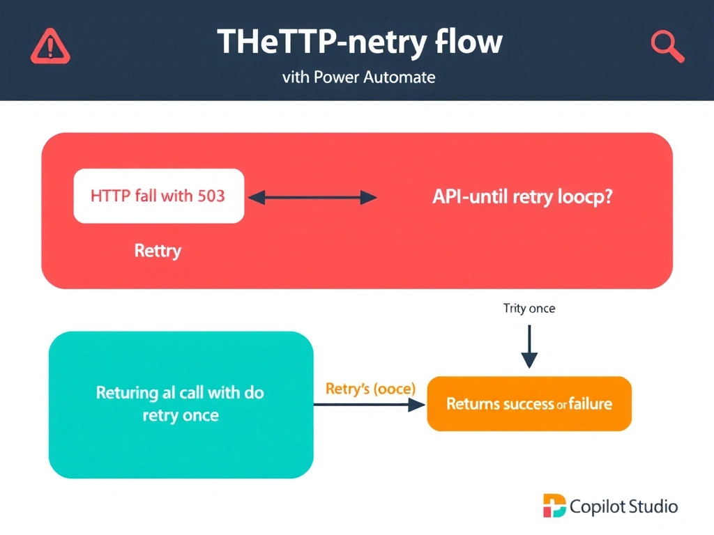 Portrait infographic titled 'HTTP Retry Logic via Power Automate Flow'. Left: Copilot Studio topic with 'Run Flow' action. Center: Power Automate flow with Do-Until loop: call API → if 503 → wait → retry (max 1 retry) → return success/fail. Right: topic condition node: success → continue, failure → 'Service temporarily unavailable' message. Retry loop illustrated as circular arrow. Orange Power Automate + blue Copilot Studio design.