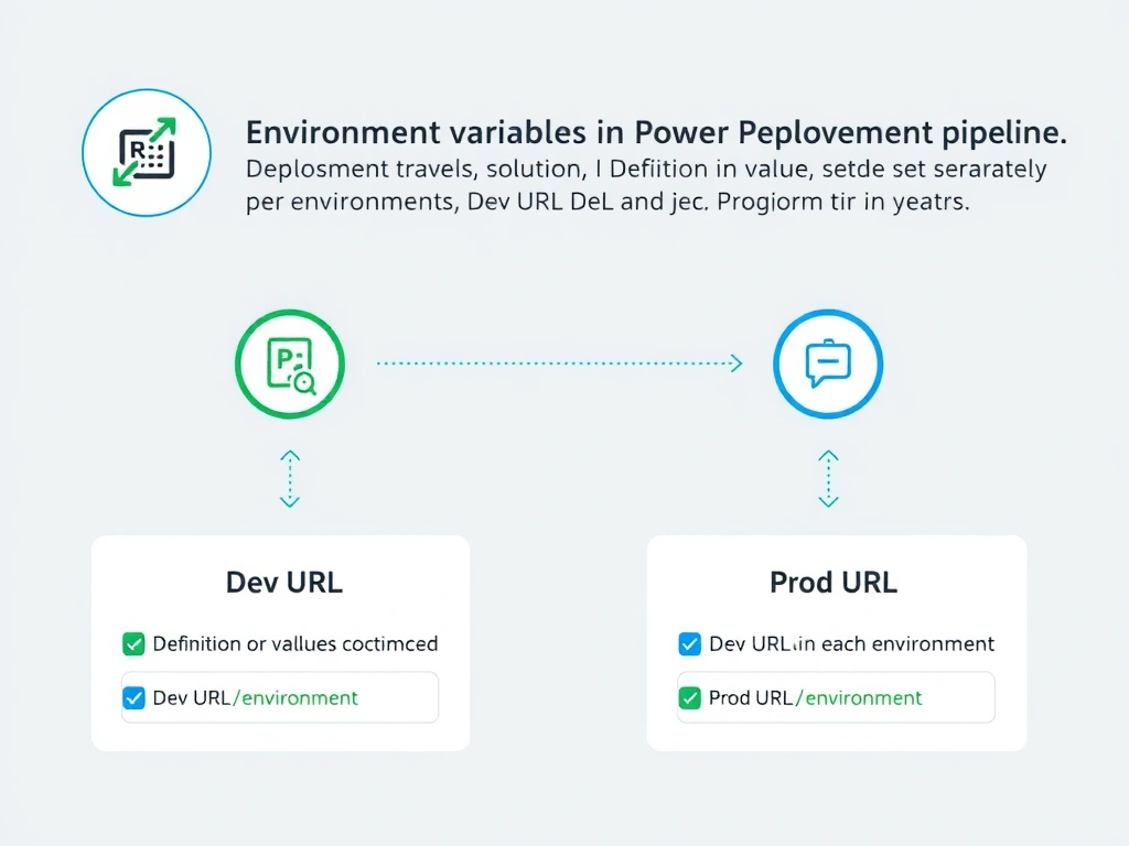 Portrait infographic titled 'Environment Variables Across Deployment Stages'. Three column pipeline: Dev environment (env var: dev.api.contoso.com), Solution export (definition only — value NOT included, shown as empty box), Prod environment (admin sets: api.contoso.com). Arrow showing definition travels, value does not. Bottom: step — 'After deployment: set env var value in each target environment.' Clean pipeline/ALM design, blue development to green production gradient.
