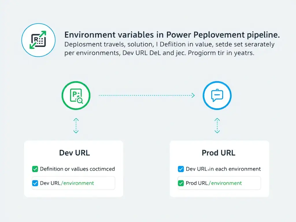 Portrait infographic titled 'Environment Variables Across Deployment Stages'. Three column pipeline: Dev environment (env var: dev.api.contoso.com), Solution export (definition only — value NOT included, shown as empty box), Prod environment (admin sets: api.contoso.com). Arrow showing definition travels, value does not. Bottom: step — 'After deployment: set env var value in each target environment.' Clean pipeline/ALM design, blue development to green production gradient.