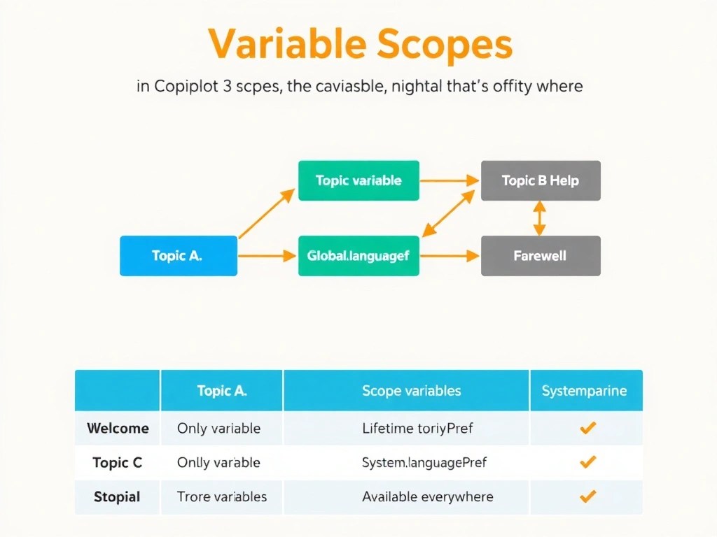 Portrait infographic titled 'Variable Scopes in Copilot Studio'. Conversation flow diagram showing 3 topics: Topic A (Welcome), Topic B (Help), Topic C (Farewell). Topic variable (blue box) only visible in Topic A. Global variable (green, labeled Global.languagePref) visible in all three topics with arrows. System variables (gray) shown available everywhere. Table at bottom comparing scope, lifetime, and use cases. Clean scope-comparison design.
