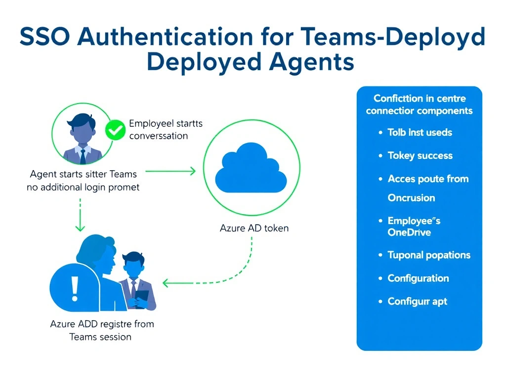 Portrait infographic titled 'SSO Authentication for Teams-Deployed Agents'. Flow: Employee logged into Teams (Teams logo, user badge). Agent starts conversation → no additional login prompt (green checkmark). Agent silently obtains Azure AD token from Teams session. Token used to access employee's OneDrive (OneDrive icon with user-specific content). Azure AD app registration in center connecting components. Configuration steps listed on right. Blue Teams + green OneDrive design.