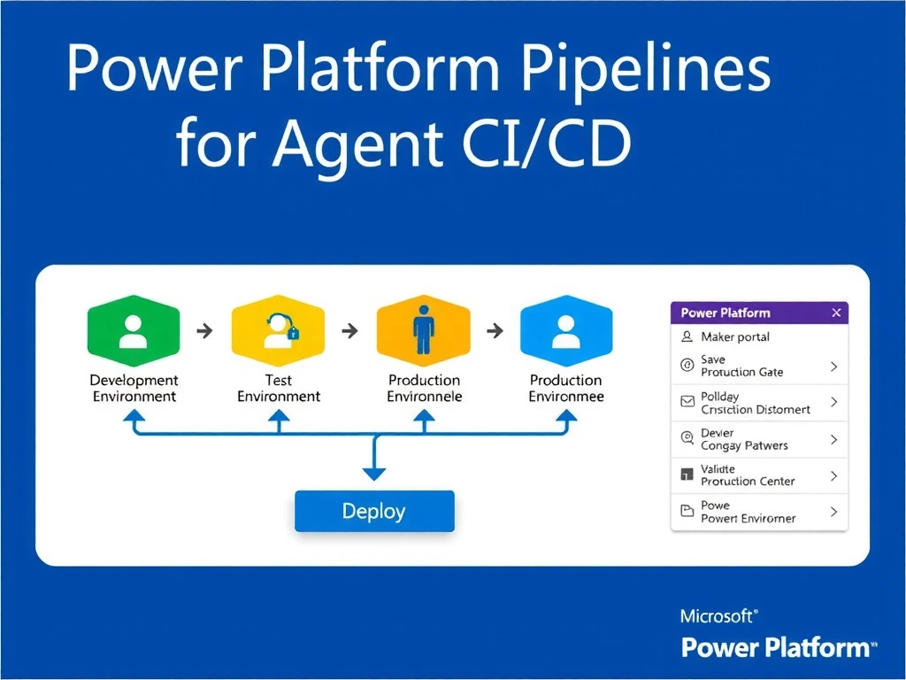 Portrait infographic titled 'Power Platform Pipelines for Agent CI/CD'. Horizontal pipeline diagram: Development Environment (green) → Test Environment (yellow) → Production Environment (blue). Each stage shows: solution deployed, approval gate (person icon), validation checks. Below: maker portal 'Deploy' button triggering the pipeline. Power Platform Admin Center configuration panel on right. Microsoft Power Platform purple/blue branding. Clean ALM pipeline visualization.