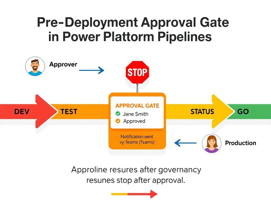 Portrait infographic titled 'Pre-Deployment Approval Gate in Power Platform Pipelines'. Pipeline stages: Dev → Test → [APPROVAL GATE icon with stop sign] → Production. Approval gate detail: Approver: Jane Smith (stakeholder icon), Status: Pending → Approved. Notification sent via Teams (Teams icon). Approval record shows timestamp and approver name. Pipeline resumes after approval. Red/yellow stop → green go color progression. Clean governance design.