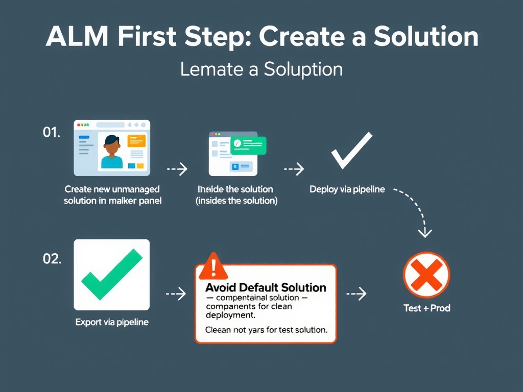 Portrait infographic titled 'ALM First Step: Create a Solution'. Step 1: Create new unmanaged solution in Dev environment (maker portal solution panel). Step 2: Build agent INSIDE the solution (all components auto-tracked). Step 3: Export as managed solution. Step 4: Deploy via pipeline to Test → Prod. Warning box: 'Avoid Default Solution — components not tracked for clean deployment.' Green checkmark path vs red X default solution path. Clean ALM workflow design.