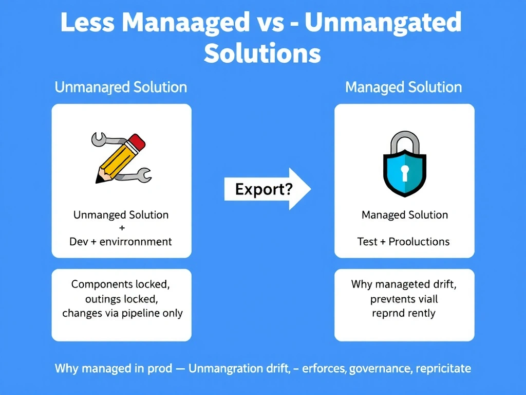 Portrait infographic titled 'Managed vs Unmanaged Solutions'. Two columns: Left — Unmanaged Solution (pencil icon, wrench icon) → Dev environment, fully editable, used for authoring. Right — Managed Solution (lock icon, shield) → Test + Production, components locked, changes via pipeline only. Center: export arrow from Unmanaged → Managed. Bottom: why managed in prod — prevents configuration drift, enforces governance, reproducible. Blue dev vs green/gold prod color coding.