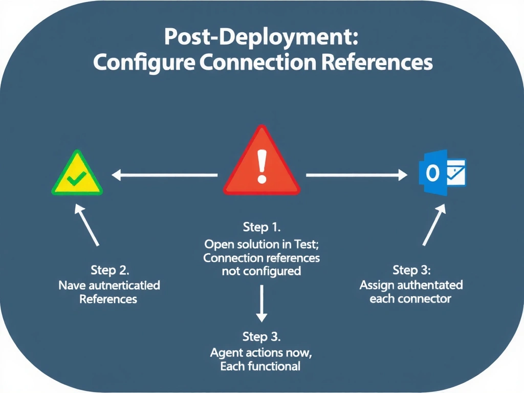 Portrait infographic titled 'Post-Deployment: Configure Connection References'. Pipeline: Solution deployed to Test environment (green checkmark). Warning icon: Connection references not configured. Post-deployment steps: Step 1 — Open solution in Test. Step 2 — Navigate to Connection References. Step 3 — Assign authenticated connections for each connector (SharePoint, Outlook icons). Step 4 — Agent actions now functional. Red warning → green resolved progression. Clean post-deployment task diagram.
