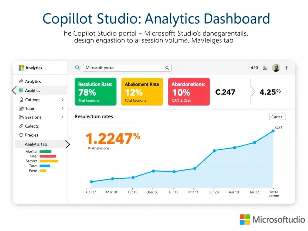 Portrait infographic titled 'Copilot Studio Analytics Dashboard'. Dashboard mockup showing KPI tiles: Resolution Rate: 78% (green), Escalation Rate: 12% (yellow), Abandonment Rate: 10% (orange), Total Sessions: 1,247, CSAT: 4.2/5. Bar chart showing topic engagement rates. Line chart showing session volume over time. Navigation path: Copilot Studio portal → Analytics tab. Clean dashboard design, Microsoft analytics style.