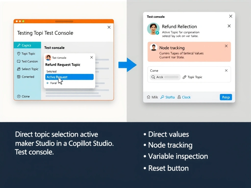 Portrait infographic titled 'Testing Topics in Copilot Studio Test Console'. Left: Copilot Studio maker portal with Test console panel open. Topic selector dropdown showing 'Refund Request Topic' selected directly. Right: test conversation showing active node highlighted, variable values panel showing current var state. Bottom features list: Direct topic selection, Node tracking, Variable inspection, Reset button. Microsoft blue maker portal design.