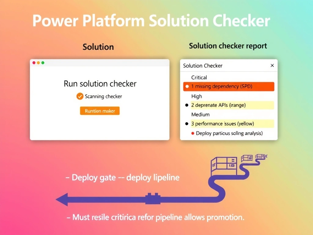 Portrait infographic titled 'Power Platform Solution Checker'. Left: Solution in maker portal with 'Run solution checker' button. Center: analysis in progress (scanning animation). Right: solution checker report showing findings — Critical: 1 missing dependency (red), High: 2 deprecated APIs (orange), Medium: 3 performance issues (yellow). Below: deploy gate — must resolve Critical before pipeline allows promotion. Microsoft purple/red severity color coding.