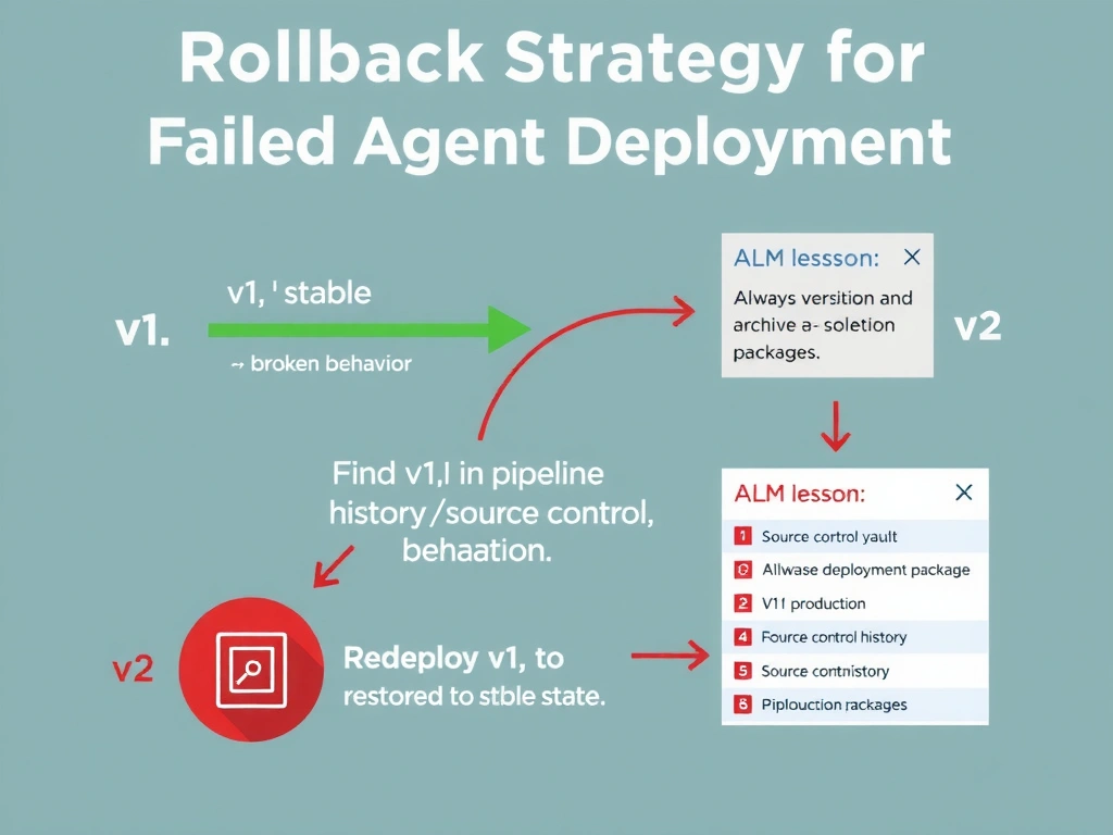 Portrait infographic titled 'Rollback Strategy for Failed Agent Deployment'. Timeline: v1 (stable, green) → v2 deployed (red — broken behavior). Recovery arrow: find v1 in pipeline history/source control → redeploy v1 to production → restored to stable state. Source control vault icon showing version history. Pipeline deployment history list showing v1, v2 entries. ALM lesson box: 'Always version and archive solution packages.' Red/green recovery diagram.