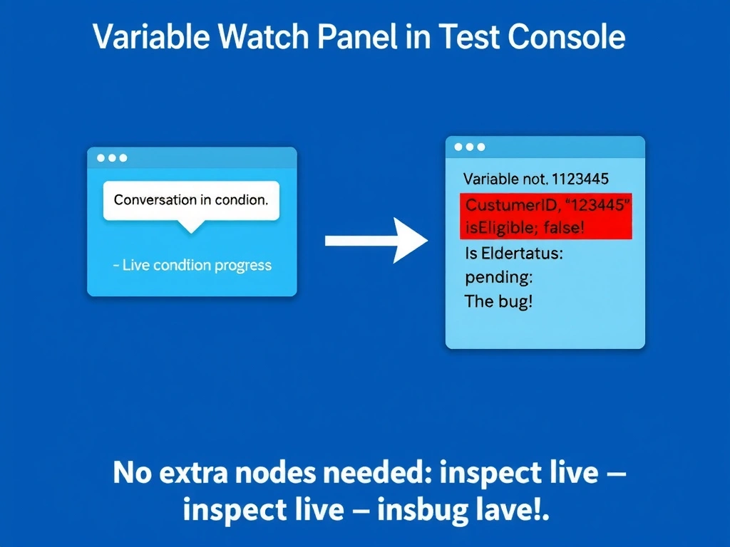 Portrait infographic titled 'Variable Watch Panel in Test Console'. Copilot Studio Test console mockup. Left: conversation in progress at condition node. Right: variable panel showing live values — customerID: '12345', orderStatus: 'pending', isEligible: false (highlighted red — the bug!). Arrow from condition node to variable panel showing the inspection moment. Below: 'No extra nodes needed — inspect live.' Blue maker portal design, debug-themed.