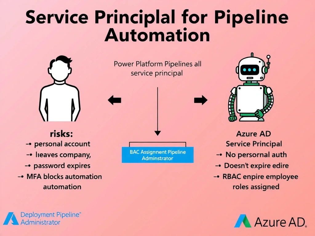 Portrait infographic titled 'Service Principal for Pipeline Automation'. Left: personal account (human icon) — risks: leaves company, password expires, MFA blocks automation. Right: Azure AD Service Principal (robot/gear icon) — benefits: no personal link, certificate auth, doesn't expire with employee, RBAC roles assigned. Center: Power Platform Pipeline automation calling service principal. Role assignment diagram: Deployment Pipeline Administrator role. Red human risks vs green service principal benefits. Azure AD logo prominent.