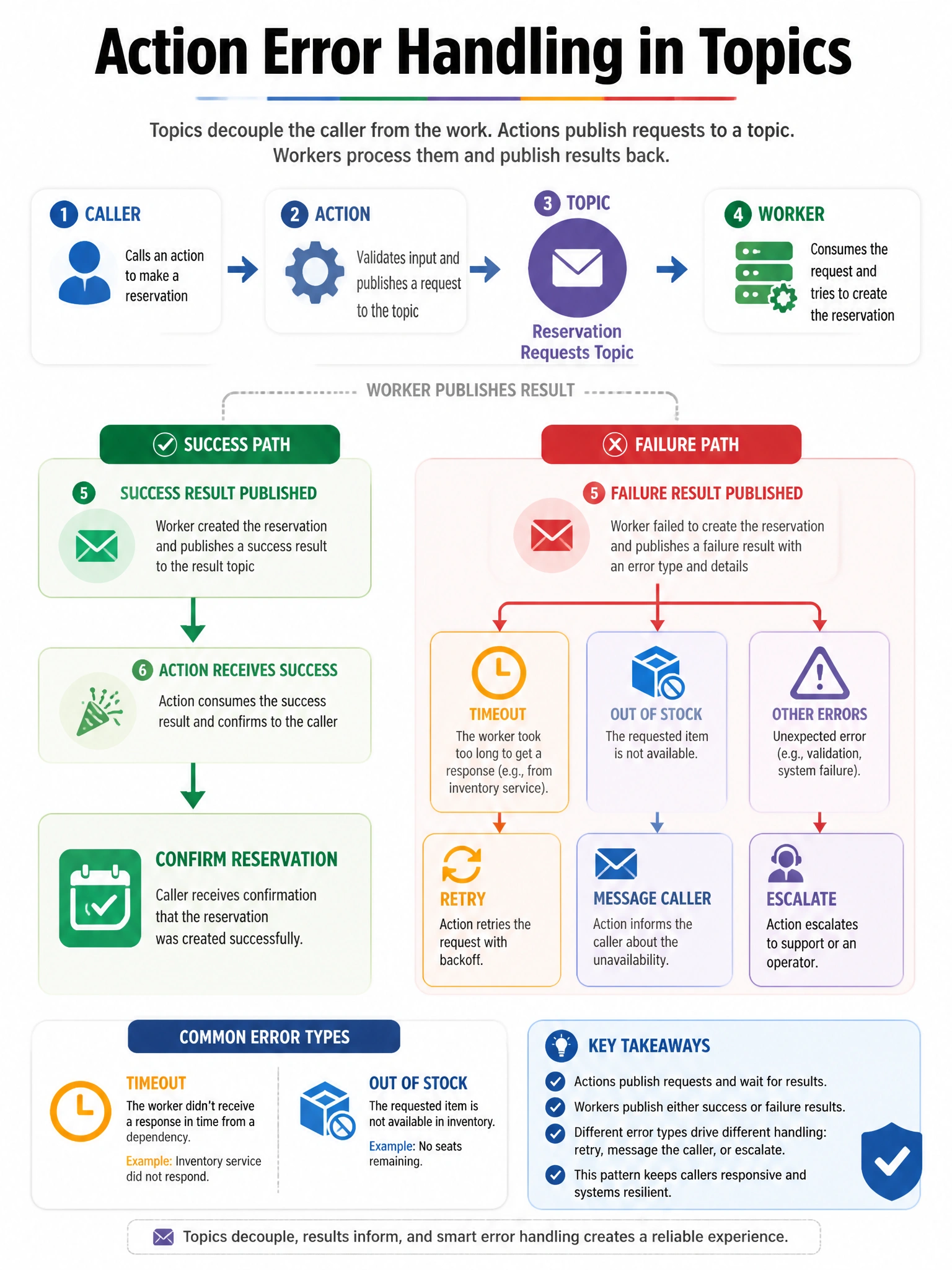 Portrait 1536x2048 infographic titled 'Action Error Handling in Topics'. Flow call → Success path (confirm reservation) / Failure path (message, retry, escalate). Icons for timeout and out-of-stock.
