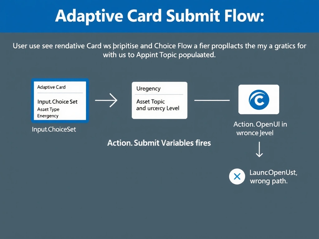 Portrait infographic 1536x2048 titled 'Adaptive Card Submit Flow in Copilot Studio'. Show a flowchart: User sees rendered Adaptive Card with Input.ChoiceSet dropdown (Asset Type) and Input.ChoiceSet (Urgency). Arrow labeled 'Action.Submit fires' leads to Agent Topic Variables box showing assetType and urgencyLevel populated. A second path shows Action.OpenUrl launching a browser icon with an X mark (wrong path). Clean Microsoft Fluent design style, dark blue header, white cards, labeled components, technical annotation callouts.