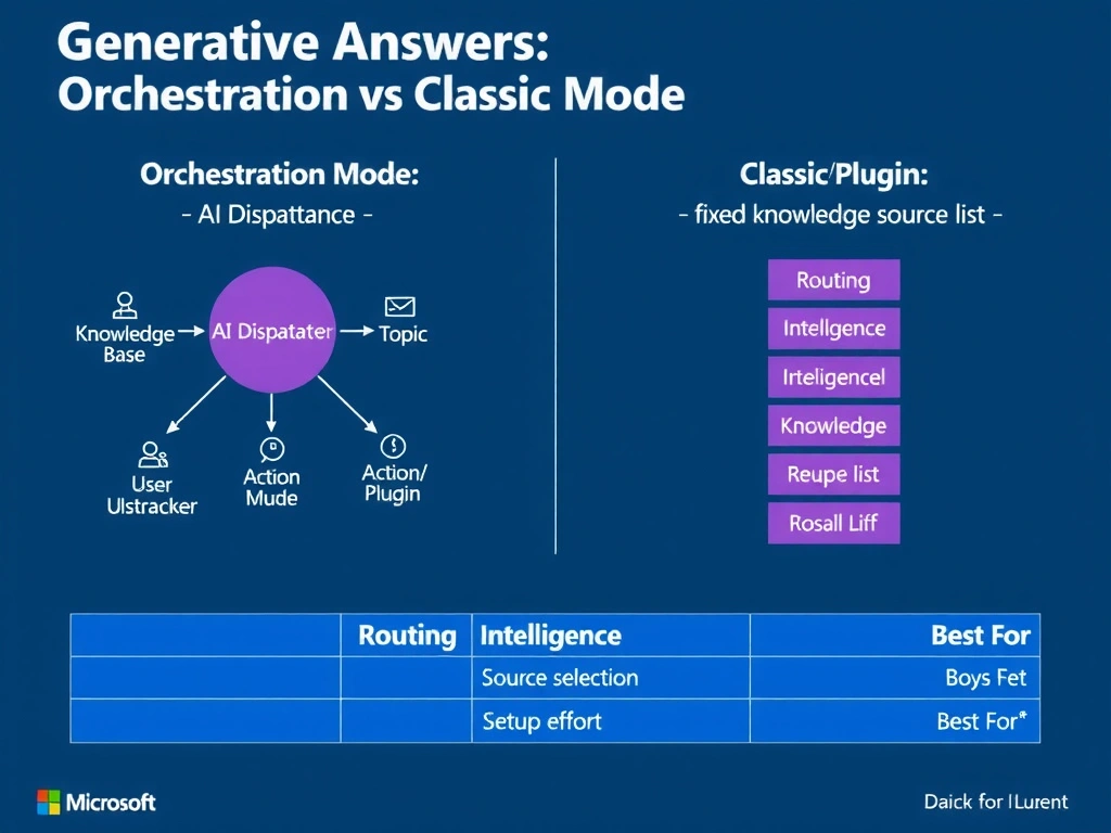 Portrait infographic 1536x2048 titled 'Generative Answers: Orchestration vs Classic Mode'. Split the diagram into two columns. Left column labeled 'Orchestration Mode': shows user utterance entering an AI Dispatcher circle that branches to three outputs: Knowledge Base, Topic, Action/Plugin—each labeled. Right column labeled 'Classic Mode': shows user utterance going directly to a fixed knowledge source list. Below both columns, a comparison table with rows: Routing Intelligence, Source Selection, Setup Effort, Best For. Microsoft Fluent design, blue and purple color scheme, clean icons for each component.