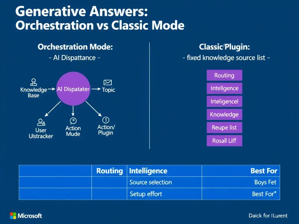 Portrait infographic 1536x2048 titled 'Generative Answers: Orchestration vs Classic Mode'. Split the diagram into two columns. Left column labeled 'Orchestration Mode': shows user utterance entering an AI Dispatcher circle that branches to three outputs: Knowledge Base, Topic, Action/Plugin—each labeled. Right column labeled 'Classic Mode': shows user utterance going directly to a fixed knowledge source list. Below both columns, a comparison table with rows: Routing Intelligence, Source Selection, Setup Effort, Best For. Microsoft Fluent design, blue and purple color scheme, clean icons for each component.