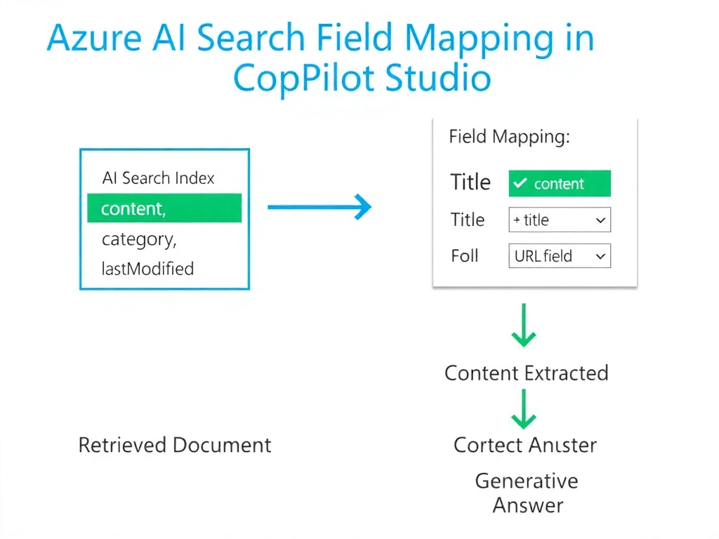 Portrait infographic 1536x2048 titled 'Azure AI Search Field Mapping in Copilot Studio'. Show an Azure AI Search Index box on the left with four fields listed: title, content (highlighted in green), category, lastModified. An arrow labeled 'Field Mapping' points right to a Copilot Studio Knowledge Source Configuration panel showing three mapping slots: Content Field (mapped to 'content' field, checkmark), Title Field (mapped to 'title'), URL Field (mapped to a URL field). Below, show a flow: Retrieved Document → Content Extracted → Generative Answer Generated. Microsoft Azure color scheme, blue and teal, clean technical diagram style.