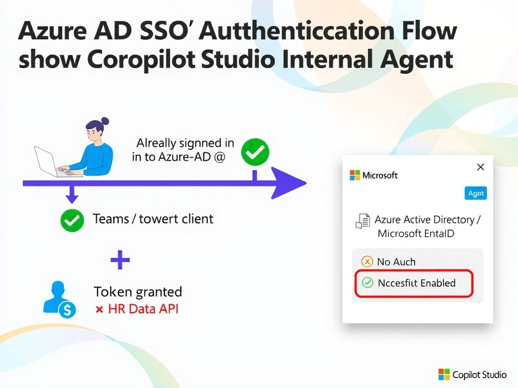 Portrait infographic 1536x2048 titled 'Azure AD SSO Authentication Flow for Copilot Studio Internal Agent'. Show a horizontal flow: Corporate Employee at laptop → Already signed in to Azure AD (green checkmark) → Teams or browser client silently forwards Azure AD token (arrow labeled 'Silent Token Pass') → Copilot Studio Agent validates token → Access granted to HR Data API. Below, show a rejected path for 'No Auth' with a red X over a sensitive data icon. Side panel shows Copilot Studio authentication settings panel with 'Azure Active Directory / Microsoft Entra ID' + 'SSO Enabled' highlighted. Microsoft Fluent design, blue/purple corporate palette.