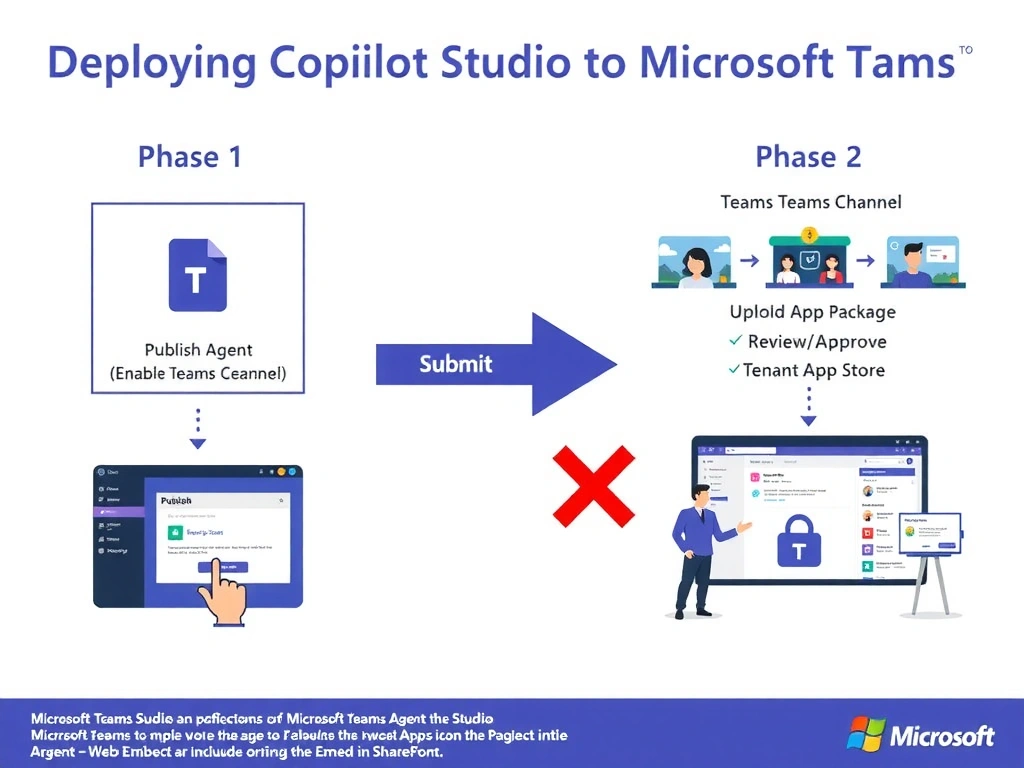 Portrait infographic 1536x2048 titled 'Deploying Copilot Studio Agent to Microsoft Teams'. Show a two-phase deployment flow. Phase 1 box labeled 'Copilot Studio': steps showing Publish Agent → Enable Teams Channel → App Package Generated (zip icon). Arrow labeled 'Submit' points to Phase 2 box labeled 'Teams Admin Center': steps showing Upload App Package → Review/Approve → Tenant App Store. Final outcome: Teams client showing agent icon in the Apps sidebar with 'Install' button, employee clicking it. Include a red X path showing 'Web Embed in SharePoint' as the wrong approach. Microsoft Teams purple + Copilot Studio blue color scheme, Fluent icons.