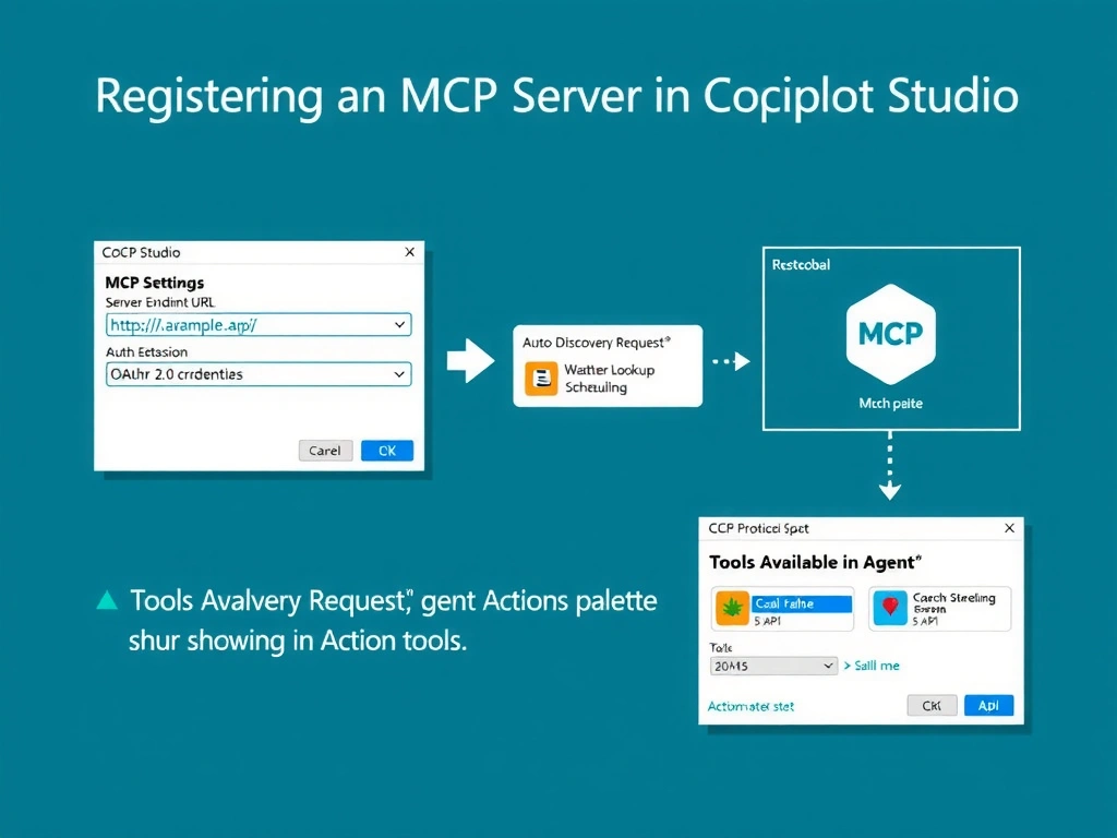 Portrait infographic 1536x2048 titled 'Registering an MCP Server in Copilot Studio'. Show a registration flow: Copilot Studio MCP Settings panel with two input fields: 'Server Endpoint URL' (https://mcp.example.com/api) and 'Authentication' (OAuth 2.0 credentials). Arrow labeled 'Auto-Discovery Request' points to an MCP Server box showing Tool List response: [Weather Lookup, Calendar Scheduling]. Arrow labeled 'Tools Available in Agent' points to agent's Action palette showing both tools. Side panel shows the MCP protocol spec symbol. Microsoft Fluent design, teal/blue palette, clean technical diagram with labeled callouts.