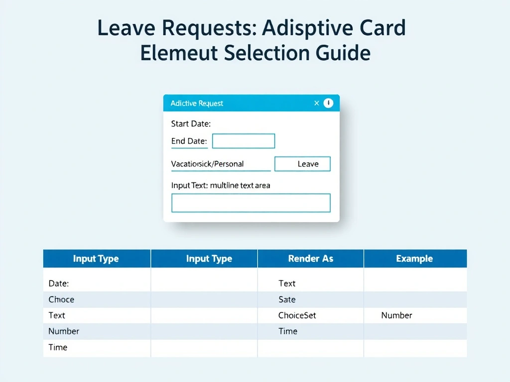 Portrait infographic 1536x2048 titled 'Adaptive Card Input Element Selection Guide'. Show a leave request adaptive card mockup with four labeled fields: (1) Start Date using Input.Date with a calendar picker icon, (2) End Date using Input.Date, (3) Leave Type using Input.ChoiceSet dropdown showing Vacation/Sick/Personal options, (4) Reason using Input.Text multiline text area. Below the card, a reference table: Input Type | Data Type | Renders As | Example. Rows for Date, ChoiceSet, Text, Toggle, Number, Time. Microsoft Fluent design, light background, blue accent headers.