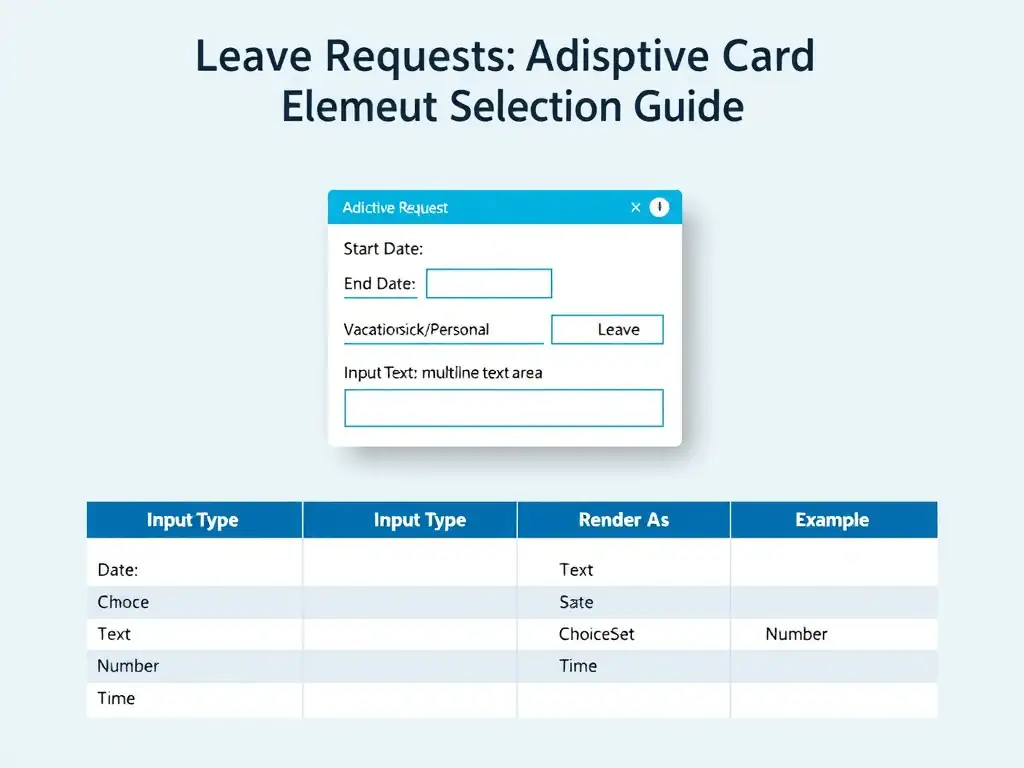 Portrait infographic 1536x2048 titled 'Adaptive Card Input Element Selection Guide'. Show a leave request adaptive card mockup with four labeled fields: (1) Start Date using Input.Date with a calendar picker icon, (2) End Date using Input.Date, (3) Leave Type using Input.ChoiceSet dropdown showing Vacation/Sick/Personal options, (4) Reason using Input.Text multiline text area. Below the card, a reference table: Input Type | Data Type | Renders As | Example. Rows for Date, ChoiceSet, Text, Toggle, Number, Time. Microsoft Fluent design, light background, blue accent headers.
