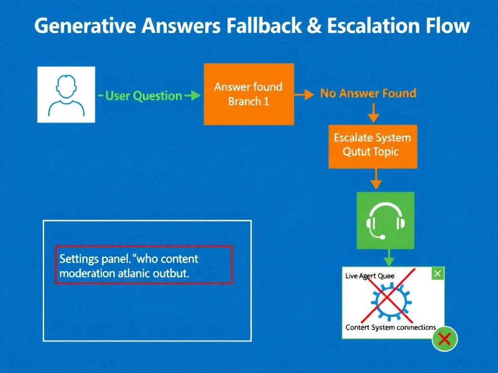 Portrait infographic 1536x2048 titled 'Generative Answers Fallback & Escalation Flow'. Show a topic canvas diagram: User Question → Generative Answers Node (connected to SharePoint knowledge base icon) → Two output branches: Branch 1 (green, labeled 'Answer Found') leads to Answer Message node; Branch 2 (orange, labeled 'No Answer Found') leads to Escalate System Topic → Live Agent Queue icon with headset symbol. Below, show a settings panel callout highlighting the 'No answer found' output connector. Include an X over a content moderation icon showing wrong approach. Microsoft Fluent design, blue/orange color scheme.