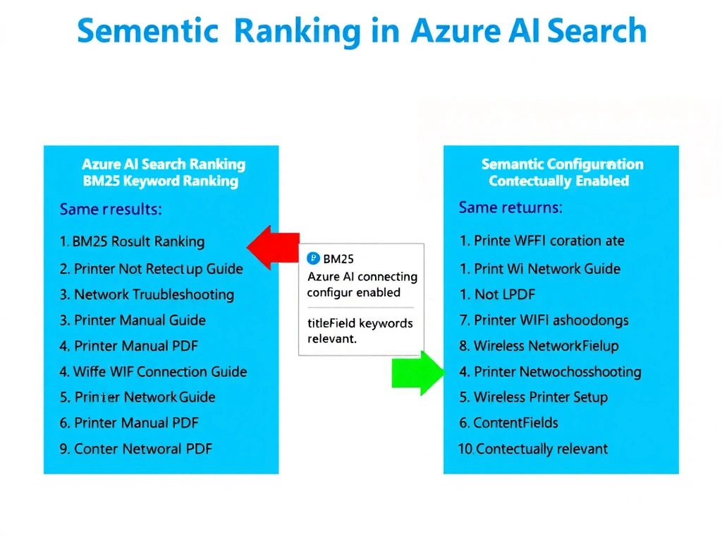 Portrait infographic 1536x2048 titled 'Semantic Ranking in Azure AI Search'. Show two result lists side by side. Left list labeled 'BM25 Keyword Ranking': query 'printer not connecting to WiFi' returns results ranked: 1. WiFi Router Setup Guide, 2. Network Troubleshooting, 3. Printer Manual PDF. Red arrow labeled 'Not relevant'. Right list labeled 'Semantic Ranking Enabled': same query returns: 1. Printer WiFi Connection Guide, 2. Printer Network Troubleshooting, 3. Wireless Printer Setup. Green arrow labeled 'Contextually relevant'. Center panel shows Azure AI Search Semantic Configuration settings: titleField, keywordsFields, contentFields. Microsoft Azure blue/teal color scheme.