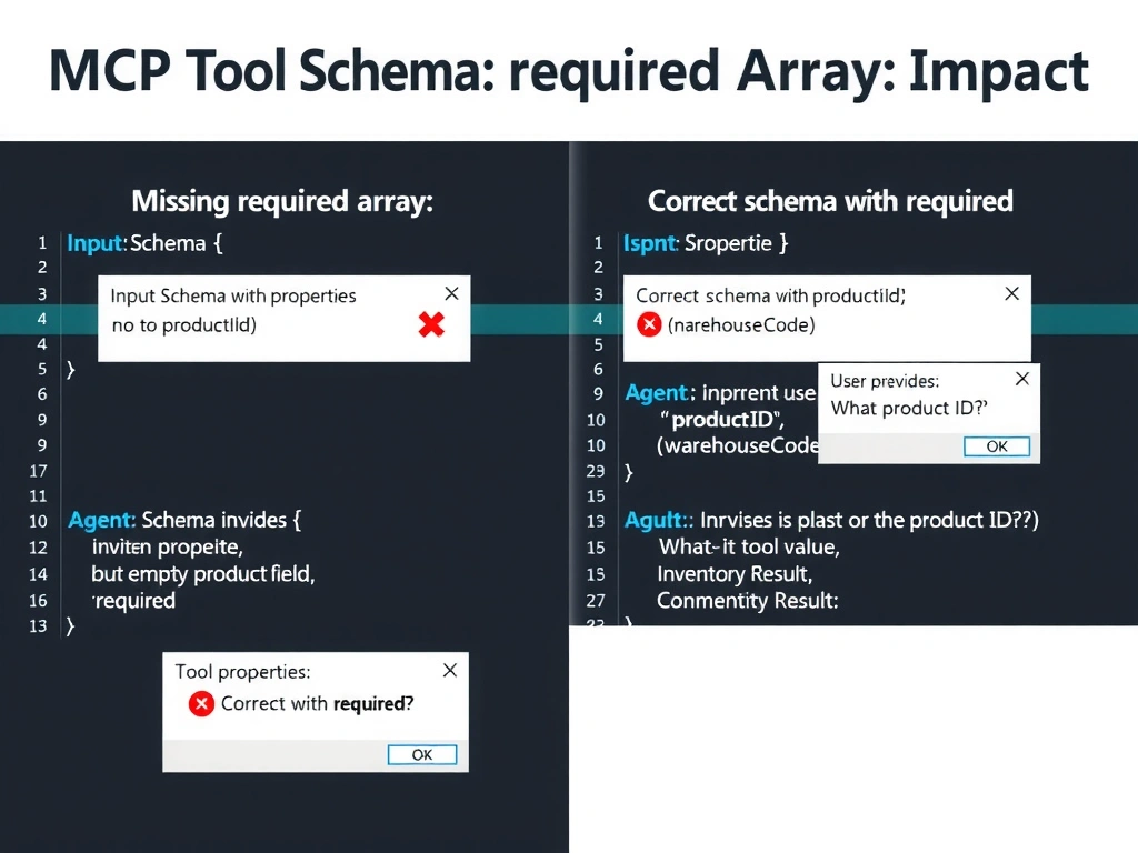 Portrait infographic 1536x2048 titled 'MCP Tool Schema: required Array Impact'. Show two JSON schema side-by-side code blocks. Left block labeled 'Missing required array': inputSchema with properties but no required field, below it shows agent invoking tool with empty productId → Tool Error Response (red X). Right block labeled 'Correct schema with required': same properties plus 'required': ['productId', 'warehouseCode'], below it shows agent prompting user: 'What is the product ID?' → User provides value → Successful tool invocation → Inventory Result. Microsoft dev documentation style, dark code editor background with syntax highlighting, blue/green accents.
