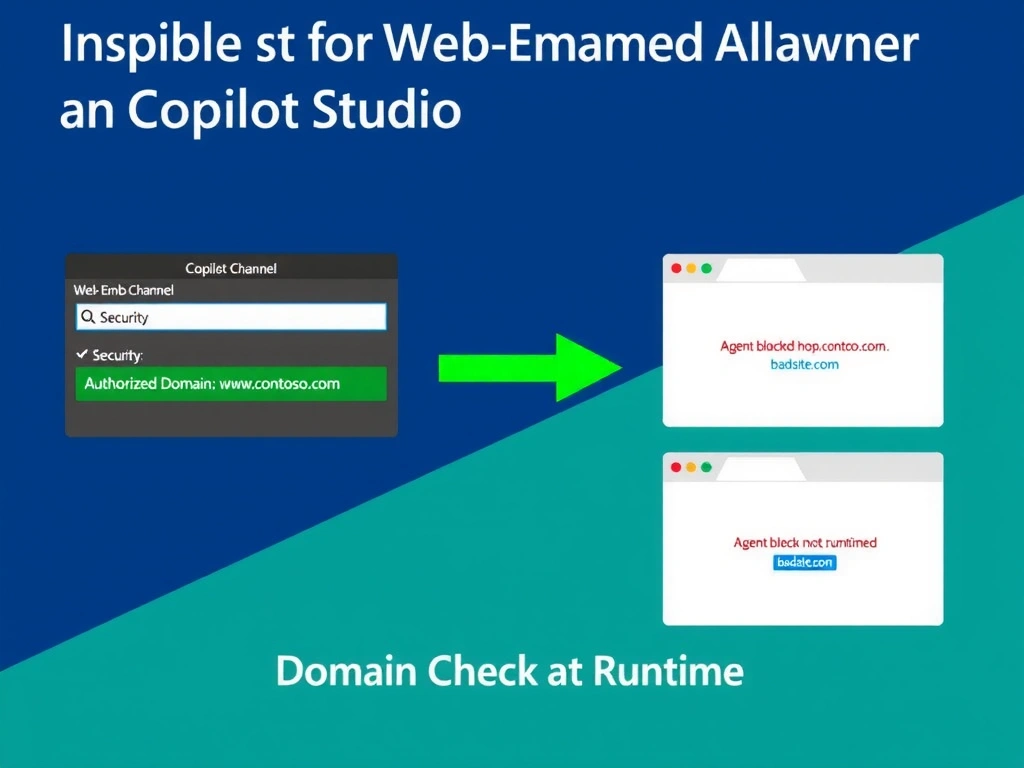 Portrait infographic 1536x2048 titled 'Web Embed Channel Domain Allowlist in Copilot Studio'. Show a Copilot Studio settings panel on the left with 'Web Embed Channel' > 'Security' > 'Allowed Domains' field listing: shop.contoso.com, www.contoso.com. Two browser window mockups on the right: Top window (green border, label 'Authorized Domain: shop.contoso.com') shows agent chat widget loading successfully. Bottom window (red border, label 'Unauthorized Domain: badsite.com') shows 'Agent blocked - domain not permitted' error state. Center arrow labeled 'Domain Check at Runtime'. Microsoft Fluent design, retail e-commerce color scheme, blue and green.
