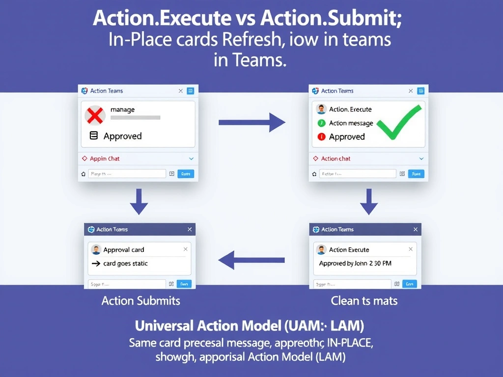 Portrait infographic 1536x2048 titled 'Action.Execute vs Action.Submit: In-Place Card Refresh in Teams'. Show a Microsoft Teams chat window mockup. Top sequence (Action.Submit, red X): approval card appears → manager clicks Approve → card goes static → NEW message appears below showing 'Approved'. Messy chat. Bottom sequence (Action.Execute, green checkmark): approval card appears → manager clicks Approve → same card updates IN-PLACE showing 'Approved by John - 2:30 PM'. Clean chat. Center legend explaining Universal Action Model (UAM) concept. Microsoft Teams purple theme, Fluent design, annotated flow arrows.