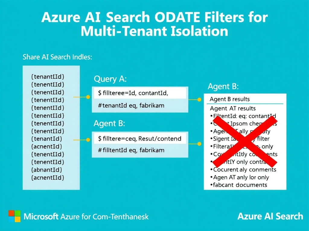 Portrait infographic 1536x2048 titled 'Azure AI Search OData Filters for Multi-Tenant Isolation'. Show a shared Azure AI Search index on the left with document list showing mixed tenantId values: [tenantId: contoso], [tenantId: fabrikam], [tenantId: contoso], [tenantId: northwind]. Center: two query boxes from different agents—Agent A injects filter '$filter=tenantId eq contoso'; Agent B injects '$filter=tenantId eq fabrikam'. Right side: two result sets—Agent A's results show only contoso documents (green), Agent B's results show only fabrikam documents (blue). Red X over any cross-tenant results. Microsoft Azure teal/blue color scheme, clean technical diagram.