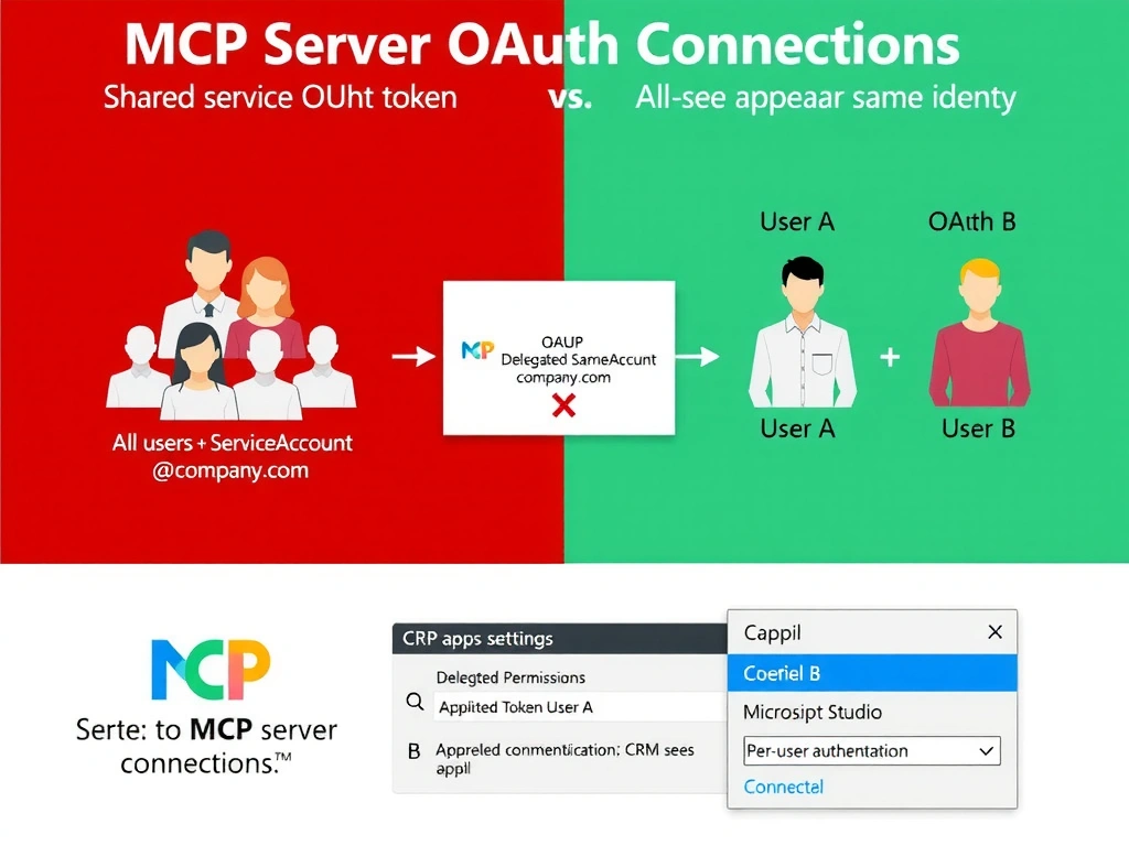 Portrait infographic 1536x2048 titled 'MCP Server OAuth: Shared vs Per-User Connections'. Split diagram. Left half (red, labeled 'Shared Service Connection'): All 4 user icons → same OAuth token → CRM API sees only 'ServiceAccount@company.com'. Note: 'All users appear as same identity'. Right half (green, labeled 'Per-User Connection'): User A → OAuth Token A → CRM sees User A. User B → OAuth Token B → CRM sees User B. Center: OAuth app registration showing 'Delegated Permissions' selected (checkmark) vs 'Application Permissions' (X). Bottom: Copilot Studio MCP connection settings panel showing 'Per-user authentication' toggle. Microsoft blue/teal Azure color scheme.