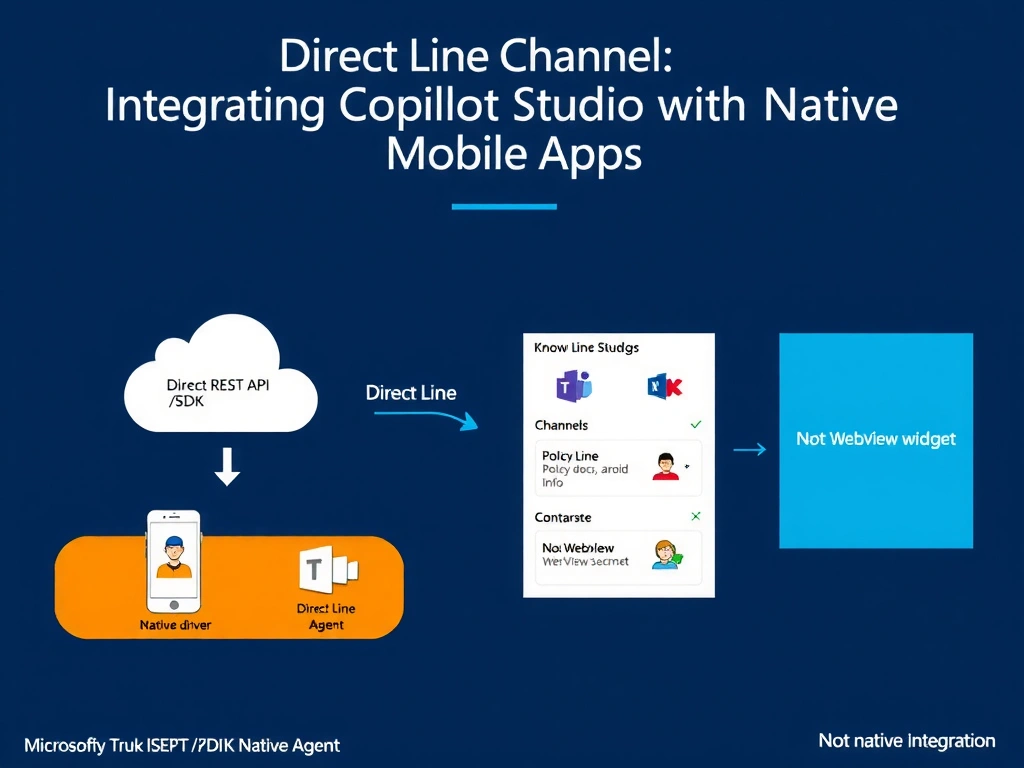 Portrait infographic 1536x2048 titled 'Direct Line Channel: Integrating Copilot Studio with Native Mobile Apps'. Show an architecture diagram: Truck Driver icon using custom iOS/Android app (native UI mockup showing conversation interface). Double-headed arrow labeled 'Direct Line REST API / SDK' connects to Copilot Studio Agent cloud icon. Below the agent: knowledge sources (policy docs, route info). Side panel shows Copilot Studio 'Channels' settings with 'Direct Line' listed and a 'Direct Line Secret' key icon. Contrast box on right shows X over Teams logo and X over WebView widget with label 'Not native integration'. Microsoft Fluent design, logistics orange/blue color scheme, clean architecture diagram style.