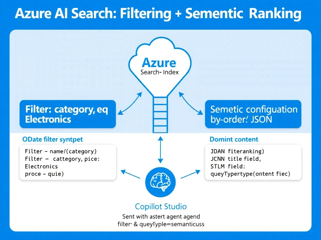 Portrait 1536x2048 infographic titled 'Azure AI Search: Filtering + Semantic Ranking'. Top section shows an Azure AI Search index icon with four fields labeled productname, category, price, description. A filter funnel labeled 'Filter: category eq Electronics' narrows a list of documents to only Electronics items. Below the funnel, a semantic ranking ladder shows documents re-ordered by relevance score with brain/language model icon. Two callout boxes: left box shows OData filter syntax code snippet; right box shows semantic configuration JSON with title field, content field. Bottom shows Copilot Studio agent icon sending a query with both filter and queryType=semantic parameters. Style: clean Microsoft Azure documentation blue and white, labeled components, flow arrows.
