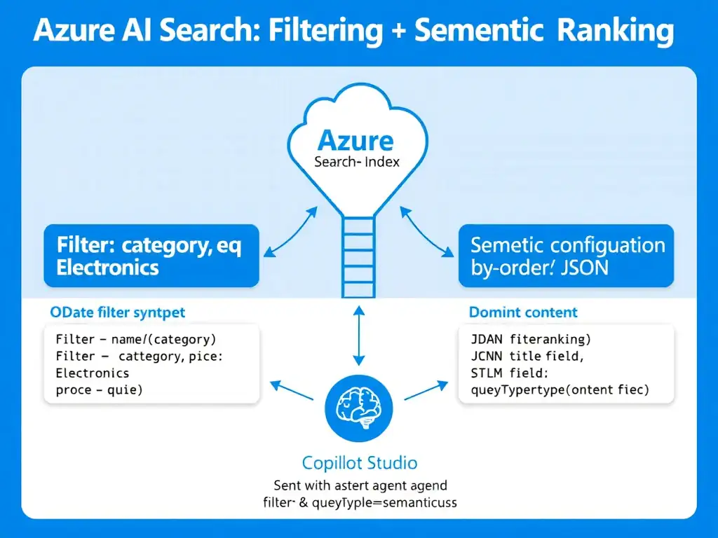 Portrait 1536x2048 infographic titled 'Azure AI Search: Filtering + Semantic Ranking'. Top section shows an Azure AI Search index icon with four fields labeled productname, category, price, description. A filter funnel labeled 'Filter: category eq Electronics' narrows a list of documents to only Electronics items. Below the funnel, a semantic ranking ladder shows documents re-ordered by relevance score with brain/language model icon. Two callout boxes: left box shows OData filter syntax code snippet; right box shows semantic configuration JSON with title field, content field. Bottom shows Copilot Studio agent icon sending a query with both filter and queryType=semantic parameters. Style: clean Microsoft Azure documentation blue and white, labeled components, flow arrows.
