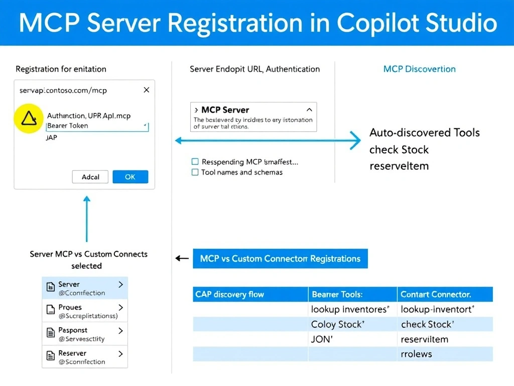 Portrait 1536x2048 infographic titled 'MCP Server Registration in Copilot Studio'. Left column shows Copilot Studio registration dialog UI mockup with two highlighted fields: 'Server Endpoint URL' showing https://api.contoso.com/mcp, and 'Authentication' showing Bearer Token selected. Center column shows MCP discovery flow: Copilot Studio arrow pointing to MCP Server, server responding with tool manifest JSON listing tool names and schemas. Right column shows an 'Auto-discovered Tools' list: lookupInventory, checkStock, reserveItem. Bottom row compares MCP vs Custom Connector registration requirements in a two-column table. Style: clean Microsoft blue-white, labeled UI components, JSON code snippets, flow arrows.